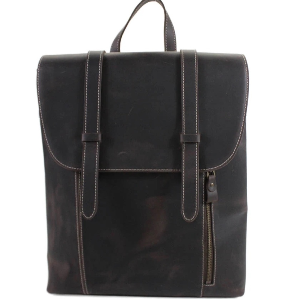 Yukon Bags Womens Double Strap Flap Square Leather Backpack Handbag Brown